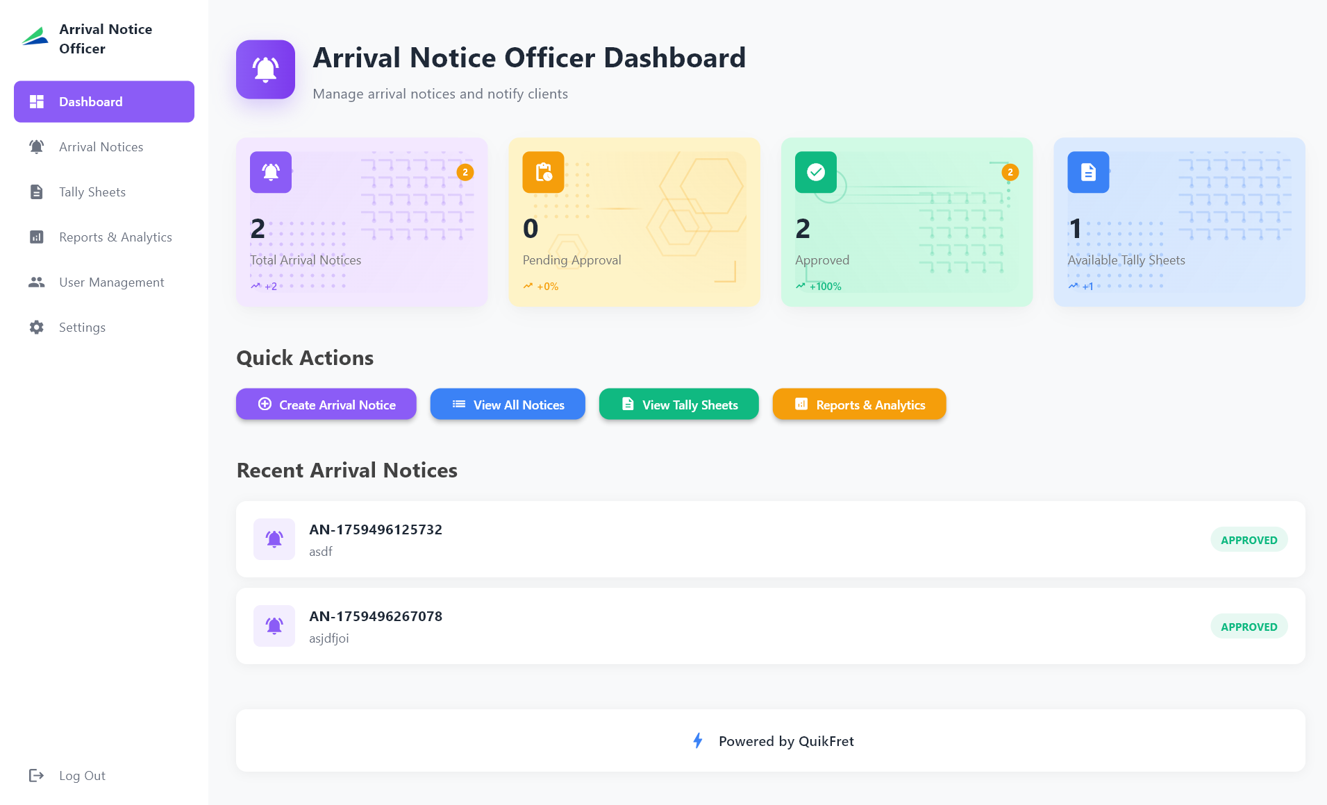 Arrival Notice Officer Dashboard